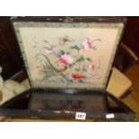 Chinese lacquered shawl box containing another box with mounted Chinese painting of birds and