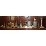 Collection of metalware, brass candle holders, letter openers, Eiffel Tower souvenirs etc.