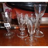 Four various 19th c. wine glasses, three with etched decoration and a taller similar (chip to base)