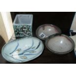 Studio pottery - Michael Leach glazed stoneware small double dish, another similar dish and a