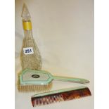 Art Deco guilloche enamel ladies' silver hairbrush with tortoiseshell comb, and a tall glass scent