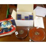 Two leather cased surveyors tapes, quantity of cigarette cards, a flag and two other items