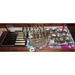 Assorted silver plated cutlery and toast rack