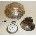 Chinese silver repousse lidded pot, hallmarked silver Capstan inkwell and a silver pocket watch