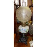 Victorian oil lamp on openwork iron base with painted glass reservoir