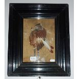 Unusual bas relief framed sculpture portrait of a Native American warrior with feather headdress