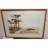 William BALL watercolour of heathland with pine trees titled "Old Pines on Woodbury Common"