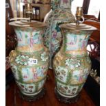 Pair of Chinese porcelain Canton vases (lamps not drilled), 37cm inc. stand