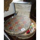 Early 20th c. American Folk Art painted wooden work box containing reels of thread together with
