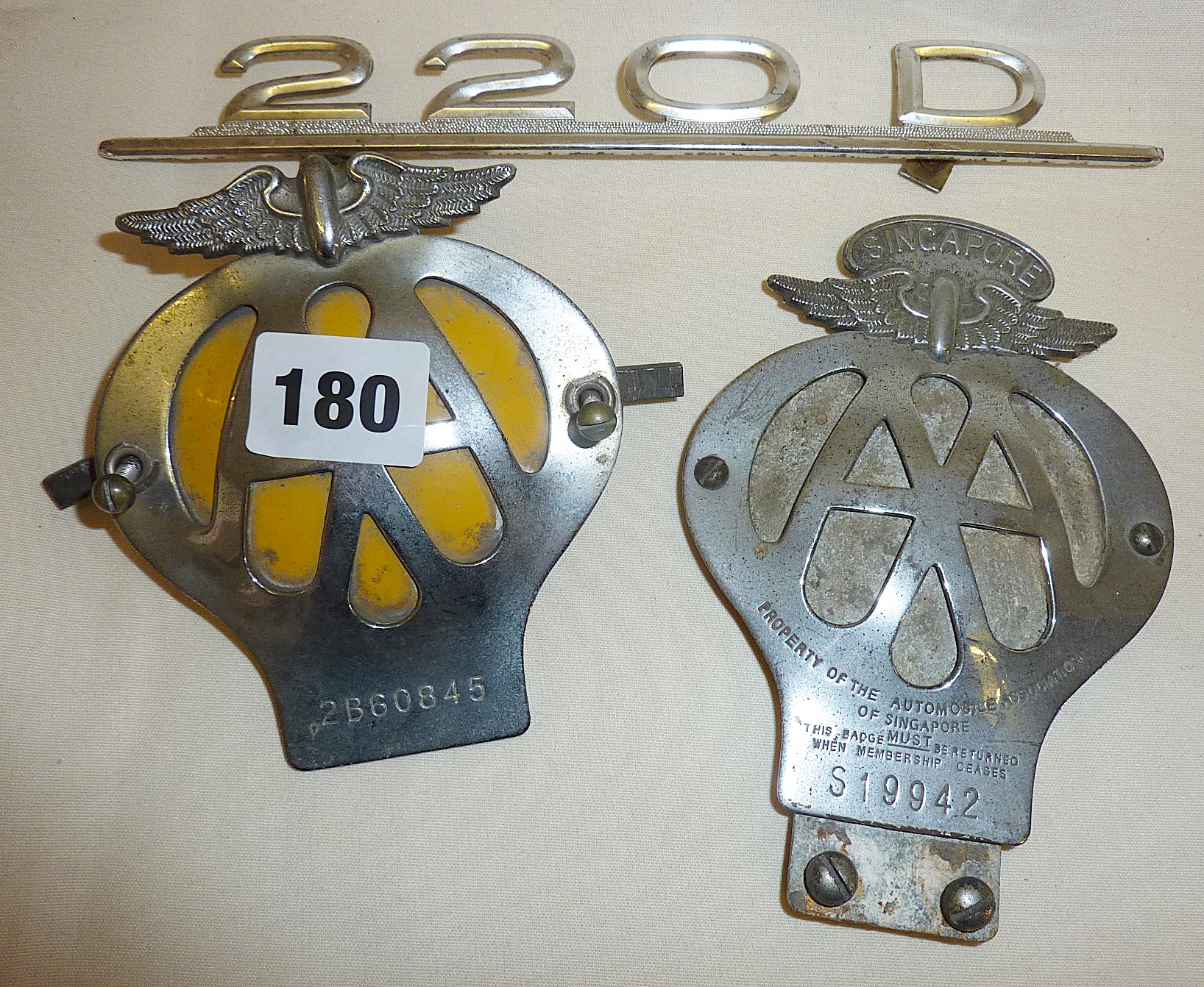 Vintage AA Classic Car grille badges, one Singapore AA c. 1950's, and a BMW 220D badge