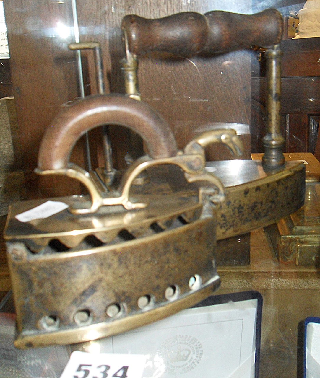 Two Victorian brass 'gate' flat irons