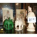 19th c. Chinese carved ivory chess piece (A/F), two similar (A/F), and two small Indo Persian