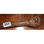 Tribal Art: African hardwood walking stick with carved head handle and glass eye
