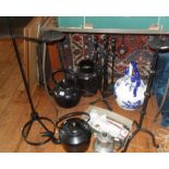 Old metalware collection, inc. cast iron tea pots, candlestands, companion set, churn and china door