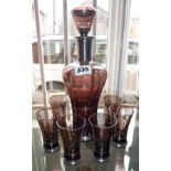 Venetian amethyst glass liqueur set of decanter and six glasses having silver overlay decoration