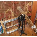 Victorian chenille table cloth, three small easels and a wrought iron companion set