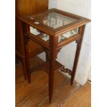 Victorian carved mahogany vitrine/bijouterie table with glazed lift-up lid standing on fluted square