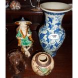 Chinese porcelain blue and white vase, mudman figure, another vase and a carved hardstone lion