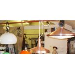 Three Space Age hanging ceiling pendant light shades, two Modernist copper aluminium and another