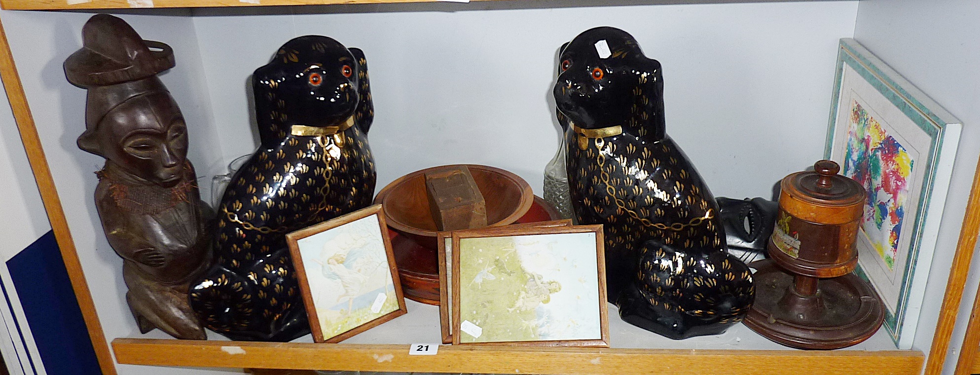 Tribal Art: Carved African figure together with a treen turned ebony tobacco box and ashtray.