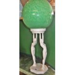 1920s FrankArt Art Deco lamp with two nudes holding a green crackle glass globe. Appears to have