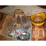 Box of assorted metalware, inc. cast iron boot scraper, flat irons, tools and an old wooden yoke