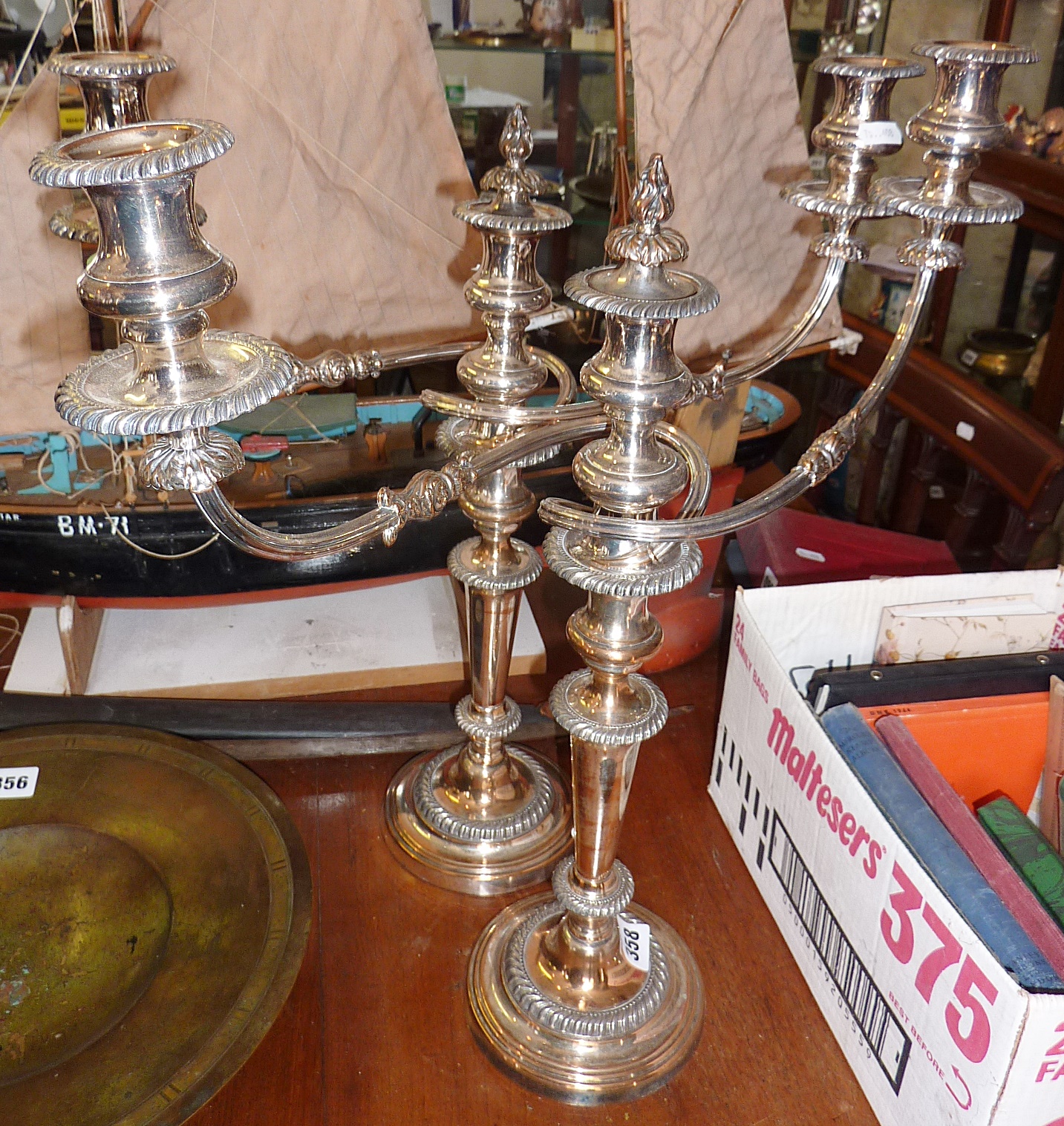 Good pair of 19th c. Sheffield plate three branch candelabra, 48cm tall
