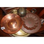 Assorted Indo-Persian metalware, trays, dishes, enamel bowl, etc.