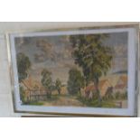 Watercolour of a landscape with farm buildings and figures by H.O.C. (Hugh) Speers