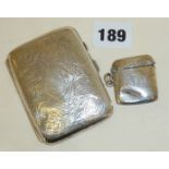 Engraved hallmarked silver cigarette case, and a small silver vesta case