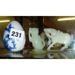 Miniature Chinese jade glass monkey figure, a similar horse and a blue and white porcelain egg