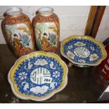 Pair of Satsuma vases and two Chinese plates (one A/F)