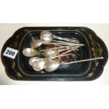 Ten engraved Russian silver spoons (approx 4 troy oz) and a Russian lacquered small tray