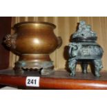 Chinese bronze double lion censer on stand and another with lion dog finial