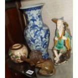 Chinese porcelain blue and white vase, mudman figure, another vase and a carved hardstone lion