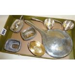 Hallmarked silver salts, mustard pot, etc. by Mappin & Webb, silver backed mirror etc. (approx 5