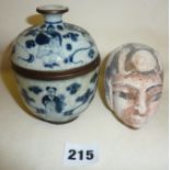 Blue and white Chinese figural lidded pot (A/F), and Egyptian painted stone head
