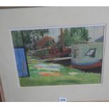 1930s watercolour of a barge and a houseboat, signed W.R. Paddon dated 1934