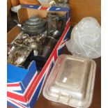 Box of assorted silver plated items and cutlery and a glass light shade