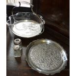 Glass Art Nouveau fruit bowl on silver plated stand, floral plated plate, and two silver topped