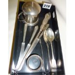 Assorted hallmarked silver, mustard pot, teaspoons, silver handled knives, button hook, etc.