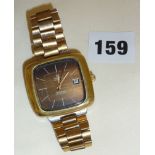 1970s rare Omega Automatic Geneve Dynamic wrist watch with TV shape gold case and smoked tiger's eye