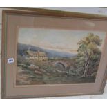 Scottish School - watercolour landscape with bridge and crofts, signed A.E. Cameron