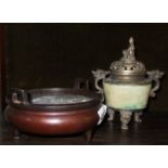 Chinese bronze censer with handles (15cm), and a lidded censer with hardstone body (seal marks to