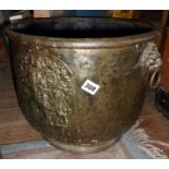 Large copper coal bucket or jardiniere decorated with heraldic crest