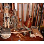 Assorted tribal art, musical instruments, African figures, animals etc