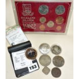 Falkland Islands 1982 coin set, a Winston Churchill £5 coin, Commemorative dollars etc