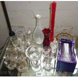 Assorted glasses including etched, and gilt overlay vases etc