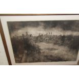 Large monochrome etching of the River Thames by Piers Goodman (XX) titled "Thames Townscape from