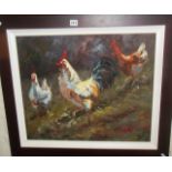 Contemporary oil on canvas of a cockerel & hens